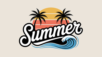 Retro Summer Design with Palm Trees and Ocean Wave