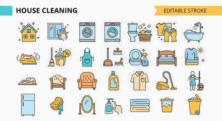 Colorful Line Icons Set for House Cleaning and Home Maintenance