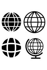 Simple black globe icons representing the world or internet.
Various black and white internet or world sphere symbols.

