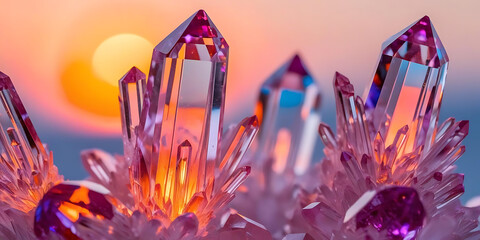 Clusters of purple crystals catch the light of a vibrant sunset,