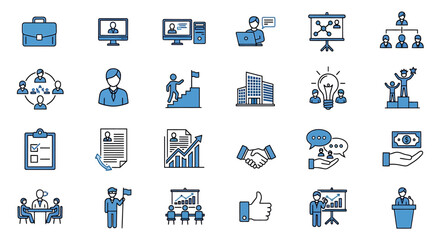 Business and Management Icon Set in Blue Outline Style
