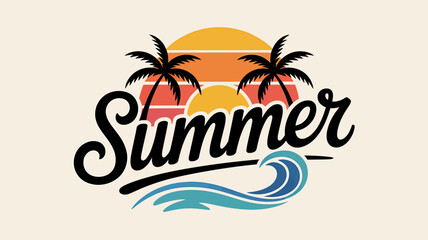 Summer Themed Graphic Featuring Palm Trees, Sunset, and Waves