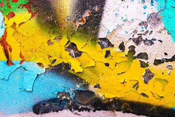 Textured paint peeling in yellow, blue, black, creating abstract patterns. 80s urban graffiti vibe,...