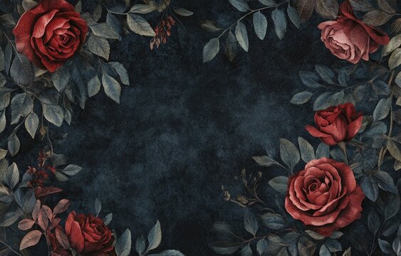 Fototapeta Dark romantic floral border