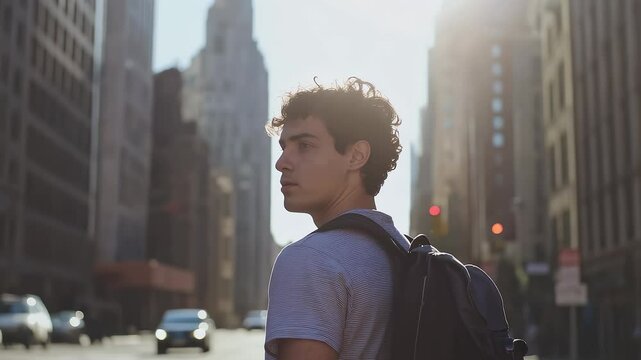 Young Backpacker Exploring Urban Street View Under Sunlight