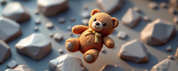 Brown Teddy Bear Floating Above Gray Rocks