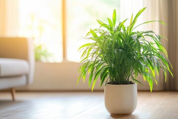 Fototapeta premium Indoor Plant in a White Pot Near a Window with Sunlit Living Room Background