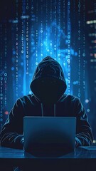 A focused individual stands before a large screen displaying cascading binary code, illuminated in green, symbolizing data processing and technology.