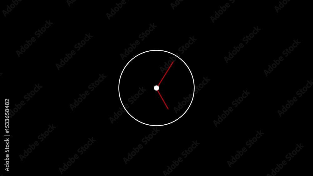 Poster minimalist animation of a clock dial with animated hands and green ticks against black background. c