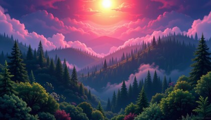 Vibrant Pink and Purple Sunset over Misty Mountain Valley