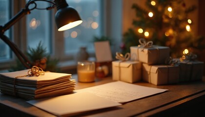 Cozy scene with holiday cards. Letters, gifts on desk near window. Festive Christmas tree lights, gifts decor. Lamp illumination, warm home mood. Winter, celebration, seasonal greeting.