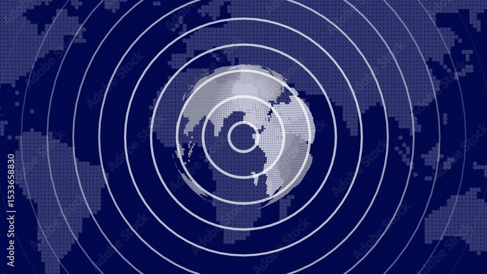 Poster animated global map showing radial wave propagation with dot patterned continents. network wave and 