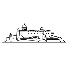 Jaisalmer Fort Rajasthan Line Art Illustration, Detailed Black and White Drawing of Famous Indian Desert Fortress with Sandstone Walls, Bastions, Palaces and Rajput Architecture