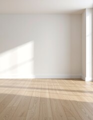 A bright room featuring pristine white walls that reflect natural light, complemented by warm, polished wood floors that add a cozy, inviting touch.