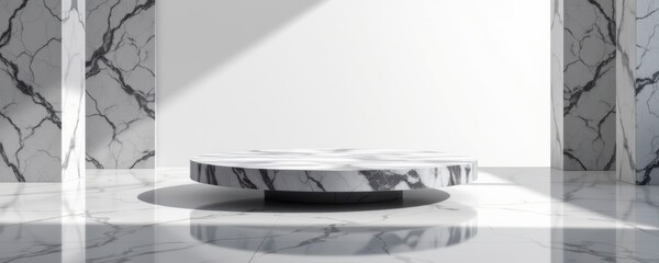 Circular Marble Podium on White Marble Floor with Gray Veined Walls