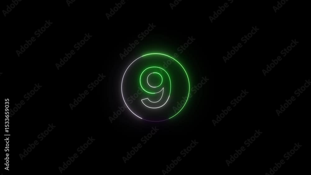 Poster illuminated neon style number nine in a circle against a sleek black backdrop. number symbolizes dat