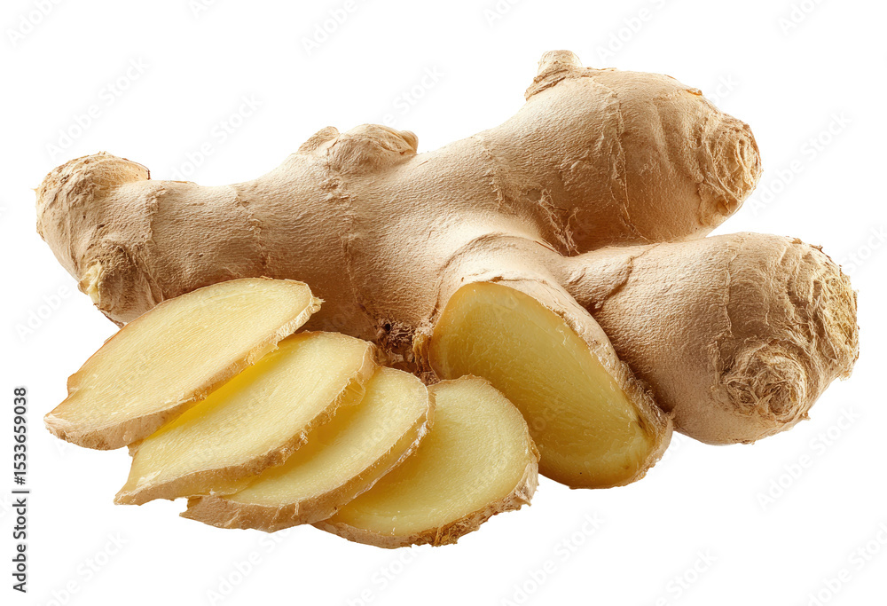 Poster fresh ginger root and slices isolated on transparent background