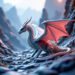 Gray Dragon with Pink Wings in a Rocky Mountain Landscape