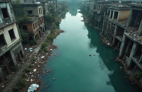 Abandoned city urban landscape with stagnant, polluted water. Ecological catastrophe with destroyed buildings and toxic environment. Environmental disaster, ecological collapse concept. - Powered by Adobe