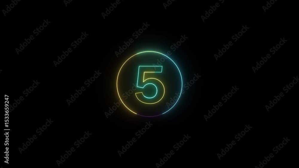 Poster glowing neon number five animation with circle on black background for countdown or presentation. nu