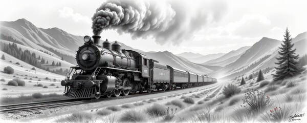 Vintage Steam Train Journey Through Monochromatic Mountain Valley