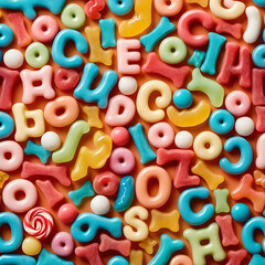 Colorful Gummy Alphabet Letters and Candy Shapes on Orange Background