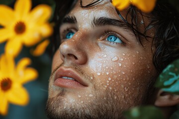 Close-up portrait of a man with wet skin and flowers