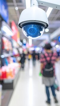 A sleek surveillance camera is mounted on the ceiling, its lens pointed downward, capturing a wide view of the room below for security monitoring.