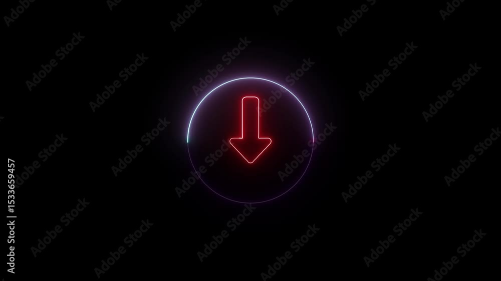 Poster neon arrow glowing within circle indicating downward movement and download. download arrow inside a 