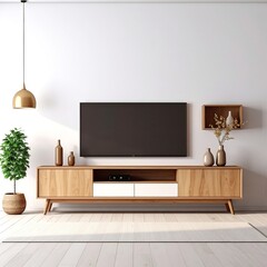A modern TV stand in a cozy living room, adorned with two elegant vases—one tall and slender, the other short and round—against a blank, neutral wall.