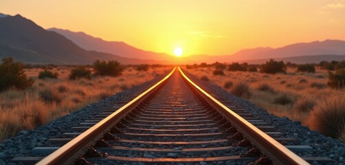 Scenic view of railroad tracks vanishing into horizon during sunrise sunset. Railway tracks lead straight to horizon at vibrant sky. Dramatic landscape with mountains. Transportation, travel, journey