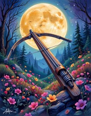 Vintage Crossbow in a Moonlit Flowery Forest