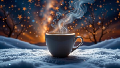 Warm Coffee Cup in Snowy Winter Night Landscape with Stars