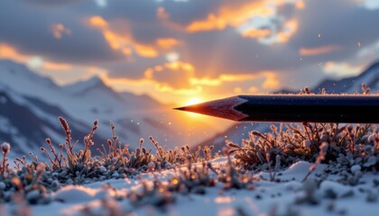 Close Up of Pencil in Snowy Mountain Sunset Landscape
