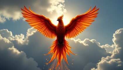 Fiery Phoenix Soaring Through Bright Cloudscape