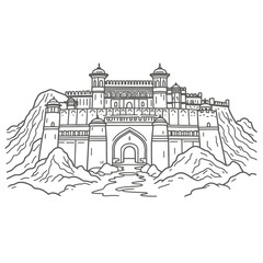 Jaisalmer Fort Rajasthan Line Art Illustration, Detailed Black and White Drawing of Famous Indian Desert Fortress with Sandstone Walls, Bastions, Palaces and Rajput Architecture
