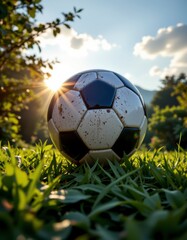 Muddy Soccer Ball in Sunset Grass Field