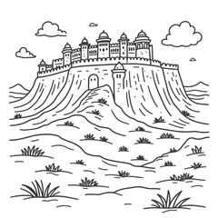 Jaisalmer Fort Rajasthan Line Art Illustration, Detailed Black and White Drawing of Famous Indian Desert Fortress with Sandstone Walls, Bastions, Palaces and Rajput Architecture