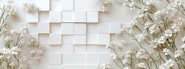 A minimalist backdrop of white square tiles, accented with delicate white flowers