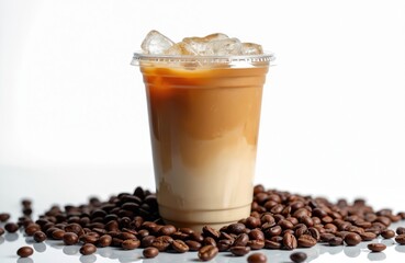 Refreshing iced coffee in plastic cup with ice cubes, isolated white background. Coffee beans, perfect for cafe menu, summer refreshment, or lifestyle content. Cold beverage, caffeine drink.