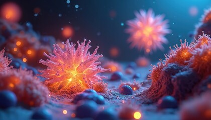 3D render of neon-lit nanoparticles designed for targeted drug delivery in molecular landscape. Concept illustrates innovative medical tech, healthcare, biotechnology, nanotech, science research,