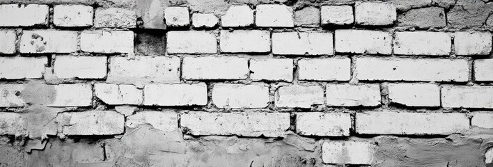 Gray-scale close-up of a weathered brick wall.  Mortar lines and uneven brick surfaces are clearly visible.  Sections of the wall show signs of age and decay