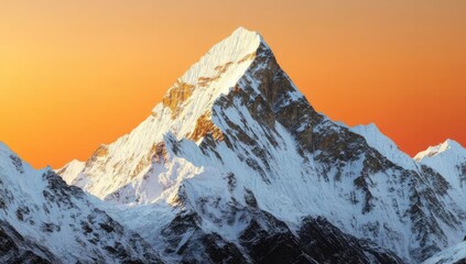 Majestic snow-capped mountain peak against a vibrant sunrise or sunset