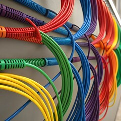 "Organized rainbow Ethernet cables neatly arranged in a network panel."