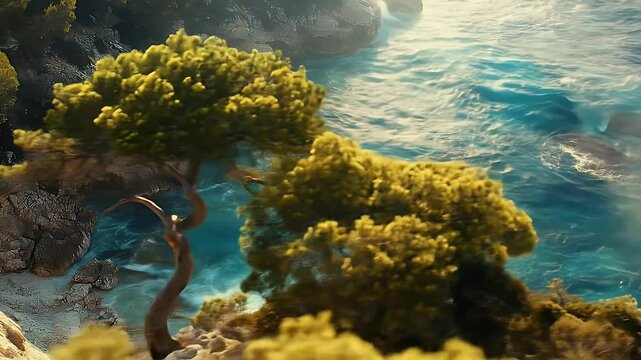 Turquoise Sea View from Rocky Cliff with Green Tree in Unique Pixelated Rendering Style for Adobe Stock Photo