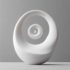 Abstract, white, sculptural form.  Oval shape with a large, smooth, open ring,  enclosing smaller concentric circles, creating depth and visual interest.  Set on a light gray base