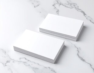 Two pristine, blank business cards lie side by side on a polished marble surface, showcasing their smooth edges and subtle sheen against the elegant backdrop.