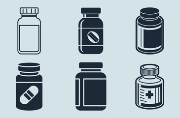 Pill bottle outline, Pill bottle set,  medicine container icon, pharmaceutical jar vector
