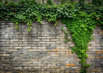Old gray brick wall with overgrown greenery and vines