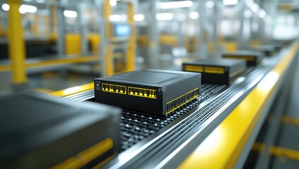 3D rendering of an industrial battery production line with black data cells on a conveyor belt in a factory, high resolution, intricate details